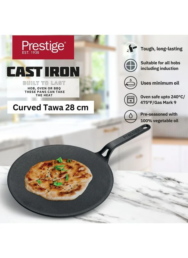 Prestige Prestige Cast Iron Curved Tawa 26 cm | Induction Cast Iron Tawa Pan for Roti/Chapati/Dosa  with Stick Handle | Pre-Seasoned Cast Iron Cookware PR48884
