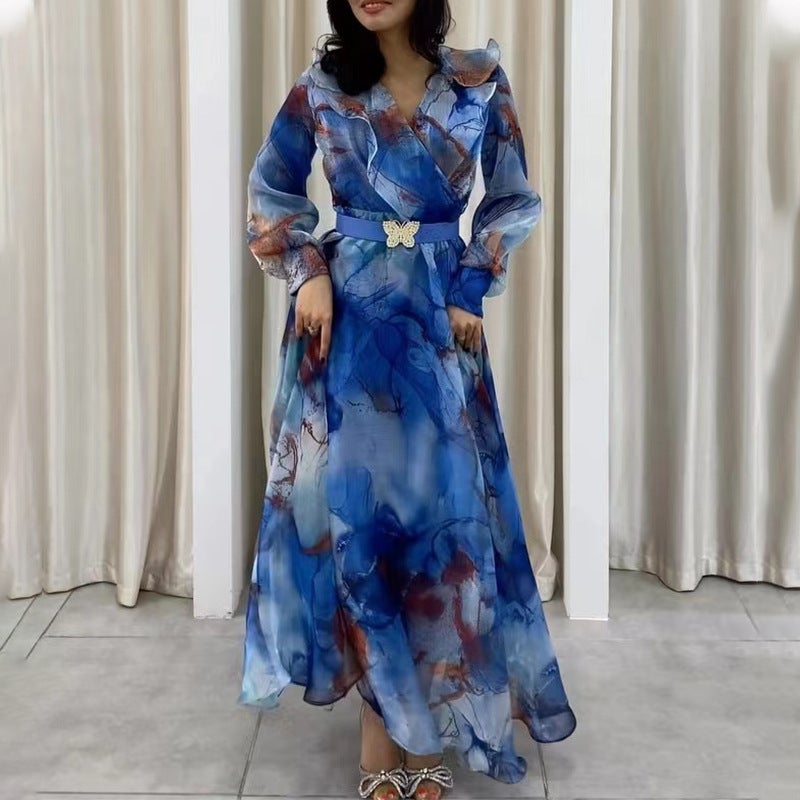 High-end dress high-grade beautiful ink color classical large swing dress double-layer lotus collar high waist fairy dress Blue - Image 1