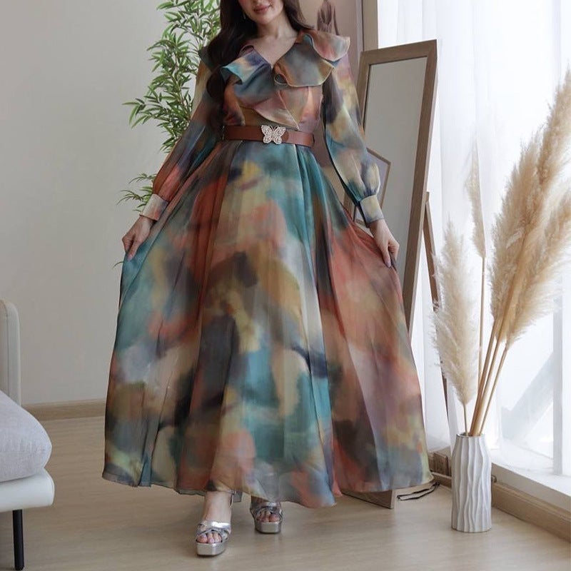 High-end dress high-grade beautiful ink color classical large swing dress double-layer lotus collar high waist fairy dress Blue - Image 4