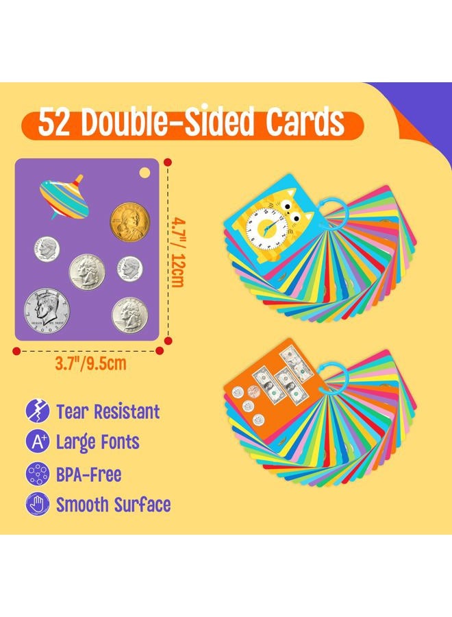 SpriteGru 52 PCS Time & Money Flashcards, Double Sided Cognition Cards-Coin Value, Coin Combinations, Counting Coins, Telling Time, Reading Clocks, Learning Tool for Kids Ages 6+ Kindergarten Toddlers - Image 2