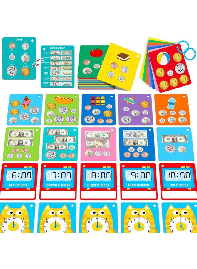 SpriteGru 52 PCS Time & Money Flashcards, Double Sided Cognition Cards-Coin Value, Coin Combinations, Counting Coins, Telling Time, Reading Clocks, Learning Tool for Kids Ages 6+ Kindergarten Toddlers - Image 1
