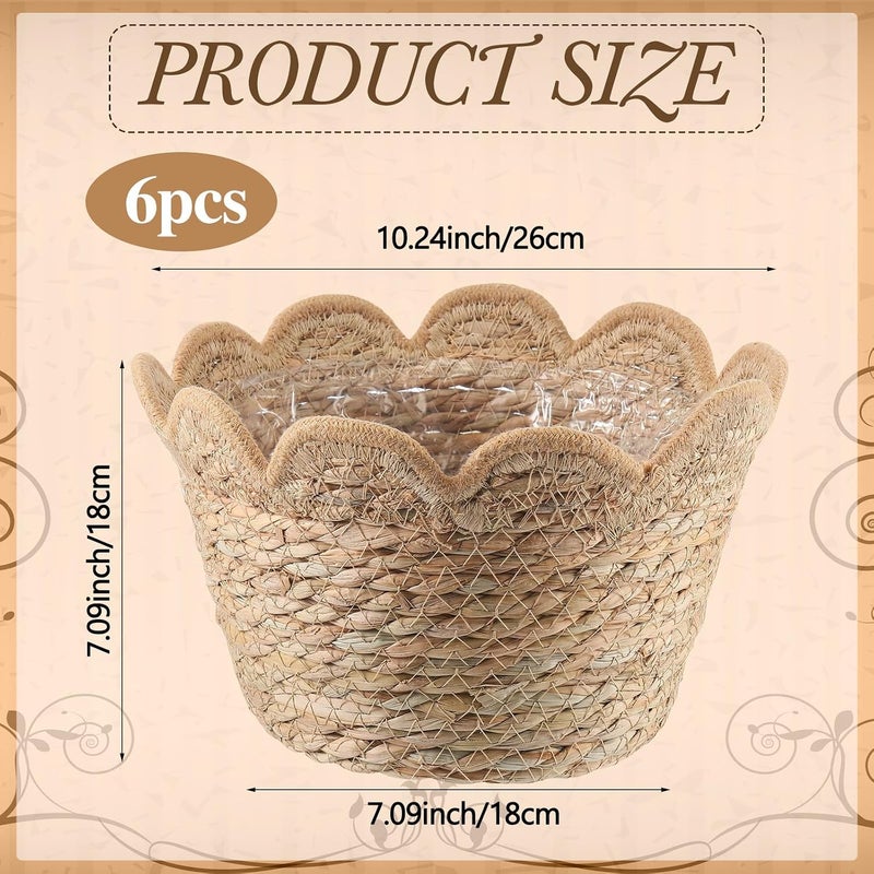 AceOrbit 6 Pcs Scalloped Seagrass Plant Basket with Plastic Liners Rattan Woven Plant Basket Wicker Planter for Indoor Outdoor Flower Pots Cover and Rustic Farmhouse Boho Room Decor (Large) - Image 4