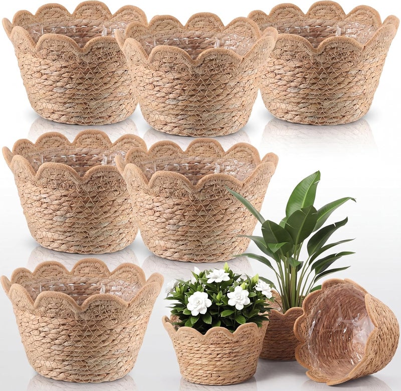 AceOrbit 6 Pcs Scalloped Seagrass Plant Basket with Plastic Liners Rattan Woven Plant Basket Wicker Planter for Indoor Outdoor Flower Pots Cover and Rustic Farmhouse Boho Room Decor (Large) - Image 1