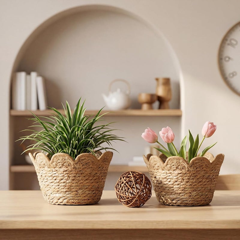 AceOrbit 6 Pcs Scalloped Seagrass Plant Basket with Plastic Liners Rattan Woven Plant Basket Wicker Planter for Indoor Outdoor Flower Pots Cover and Rustic Farmhouse Boho Room Decor (Large) - Image 2