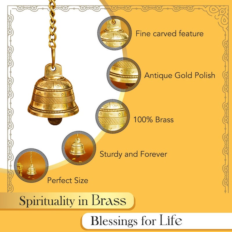 Ekhasa Ekhasa 100 Pure Brass Hanging Bells for Pooja Room Mandir Decor Home Decoration Mandir Bells with Hanging Decorative Temple Bell Hanging Accessories for Pooja Door Chain Hook Included  - Image 3