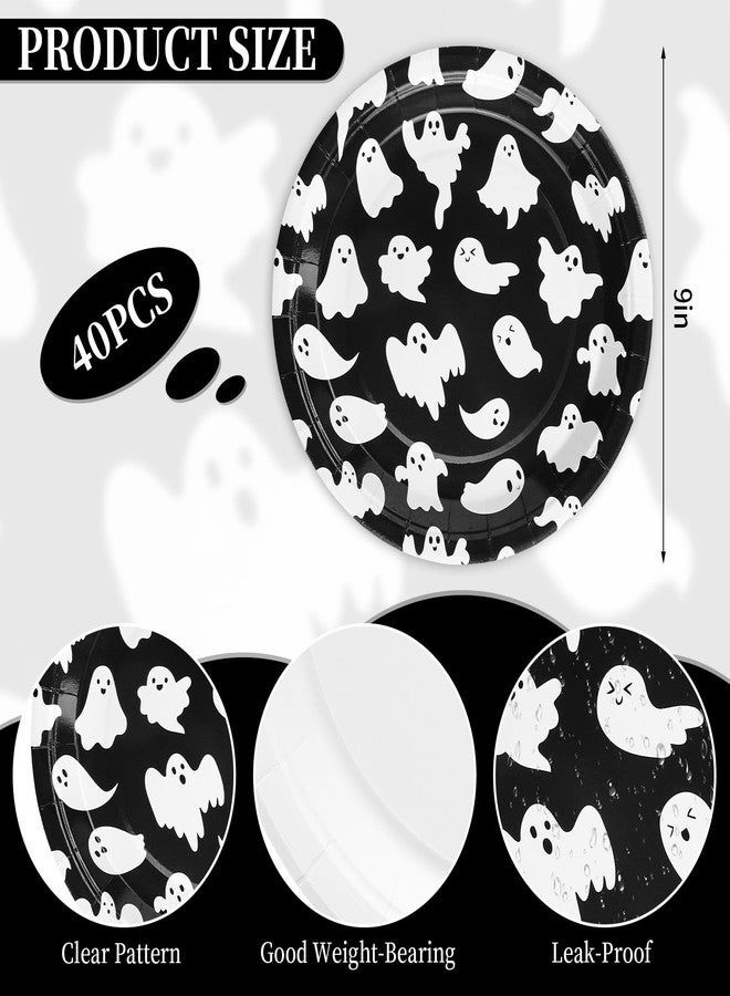 Whaline 40 Pcs Halloween Ghost Paper Plates Black White Cute Ghost Disposable Plates 9 Inch Party Tableware for Trick or Treat Birthday Baby Shower Table Decor Supplies - Image 2