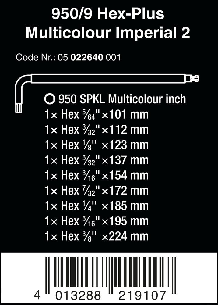 Wera 950 SPKL/9 SZ LONG ARM HEX KEY SET (SB Package Clip NEW) - Image 2