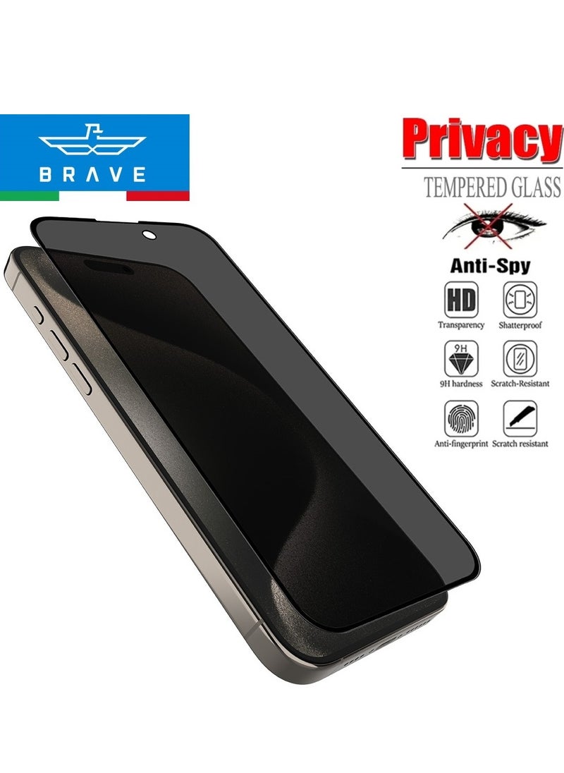 Brave - Privacy Screen Protector for iPhone 15 Pro 6.1 inch, Made of 9H Hardness Tempered Glass with 2.5D Curved Edges, Full Edge-to-Edge Coverage, Anti-Spy Privacy Filter, Scratch Resistant, Anti-Fingerprint Coating, Ultra HD Clarity, Includes Alignment Tray for Easy Installation, Bubble-Free, High Touch Response, Case Compatible Design - Image 1