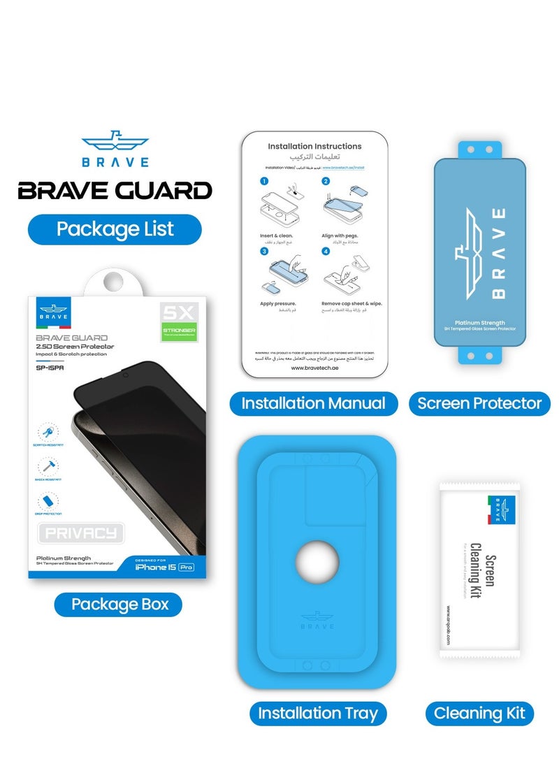 Brave - Privacy Screen Protector for iPhone 15 Pro 6.1 inch, Made of 9H Hardness Tempered Glass with 2.5D Curved Edges, Full Edge-to-Edge Coverage, Anti-Spy Privacy Filter, Scratch Resistant, Anti-Fingerprint Coating, Ultra HD Clarity, Includes Alignment Tray for Easy Installation, Bubble-Free, High Touch Response, Case Compatible Design - Image 1