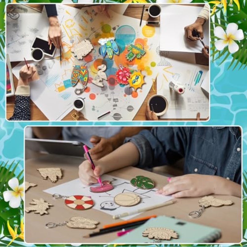 120 Pcs Summer Unfinished Wooden Keychains Color Your Own DIY Craft Wooden Blank Keychains to Paint Beach Fruit Tropical Hawaiian Luau for Summer Party Activities Arts Project Decor - Image 5