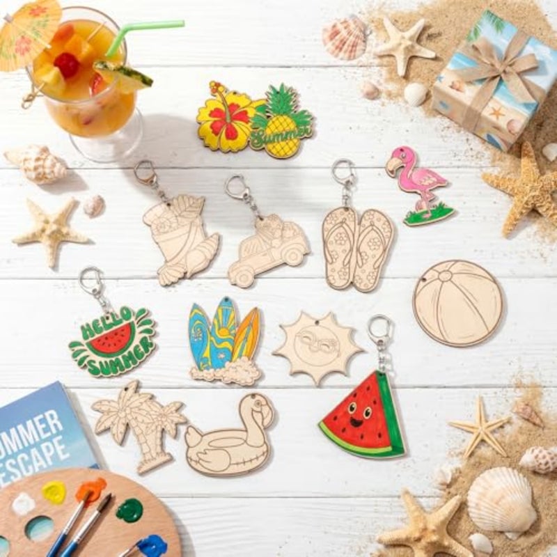 120 Pcs Summer Unfinished Wooden Keychains Color Your Own DIY Craft Wooden Blank Keychains to Paint Beach Fruit Tropical Hawaiian Luau for Summer Party Activities Arts Project Decor - Image 3