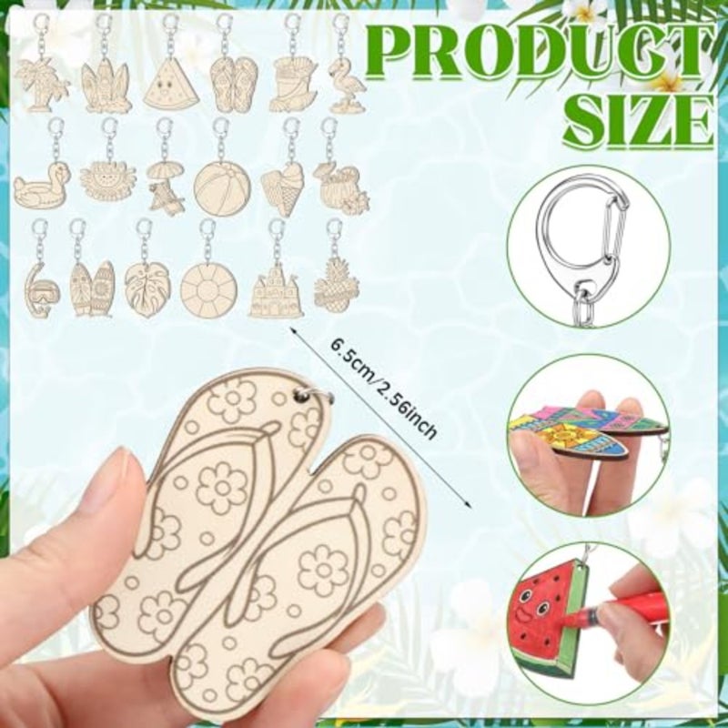 120 Pcs Summer Unfinished Wooden Keychains Color Your Own DIY Craft Wooden Blank Keychains to Paint Beach Fruit Tropical Hawaiian Luau for Summer Party Activities Arts Project Decor - Image 2