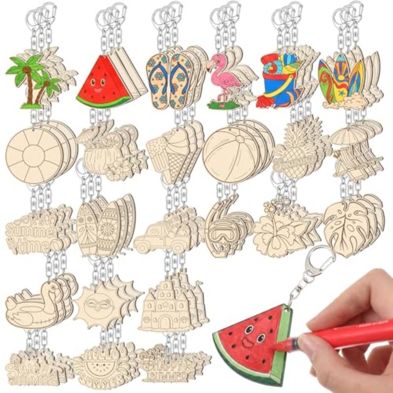 120 Pcs Summer Unfinished Wooden Keychains Color Your Own DIY Craft Wooden Blank Keychains to Paint Beach Fruit Tropical Hawaiian Luau for Summer Party Activities Arts Project Decor - Image 1