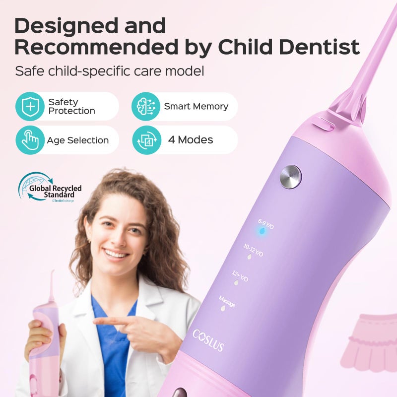 COSLUS Kids Water Dental Flosser Deep Cleaning Picks Portable 4 Modes for Ages 6+ Safe Waterproof Rechargeable with 2 Jet Tips for Gums Care Pink Purple - Image 3