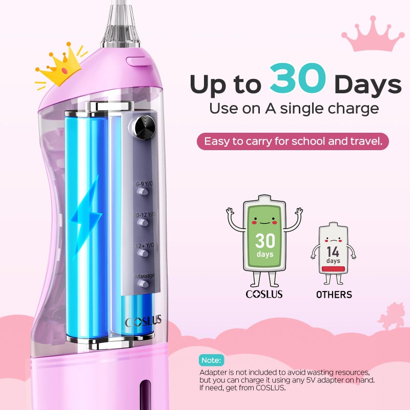 COSLUS Kids Water Dental Flosser Deep Cleaning Picks Portable 4 Modes for Ages 6+ Safe Waterproof Rechargeable with 2 Jet Tips for Gums Care Pink Purple - Image 4