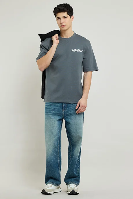 R&B Typography Print T-Shirt with Crew Neck and Short Sleeves