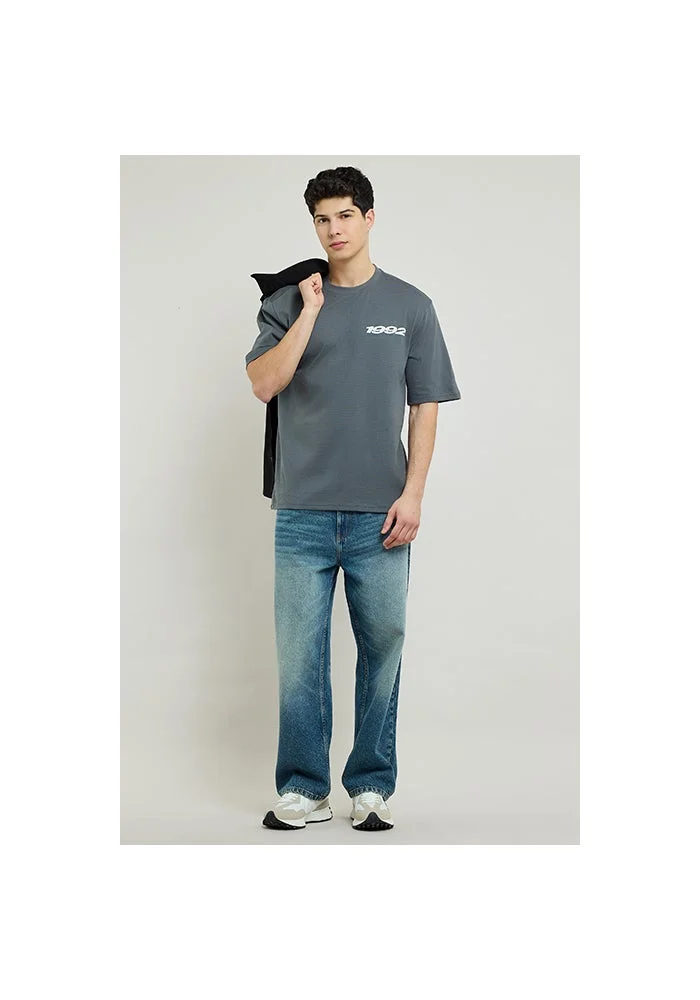 أر أند بي Typography Print T-Shirt with Crew Neck and Short Sleeves