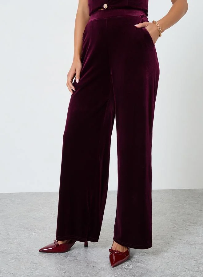 Styli Women Burgundy Velour Wide Leg Pants