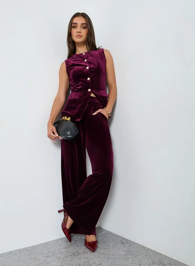 Styli Women Burgundy Velour Wide Leg Pants