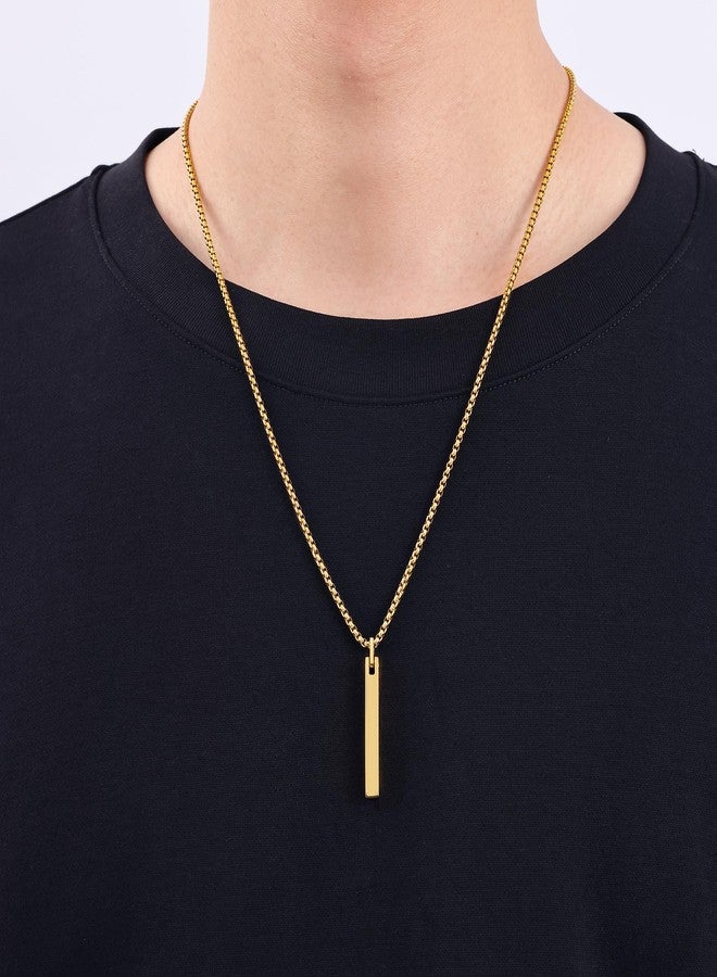 Fiusem Pendant Necklace for Men, Silver Tone/14k Gold Plated/Black Mens Penddant Necklaces with 2.5 mm Box Chain, Stainless Steel Bar Chain, 18-28 Inches, 24 Inches, Stainless Steel, No Gemstone - Image 2