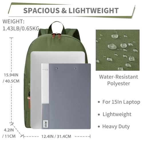 VASCHY School Backpack, Unisex Slim Lightweight Water-resistant Minimalist Backpack for Men Women College Schoolbag Travel Bookbag Green - Image 2