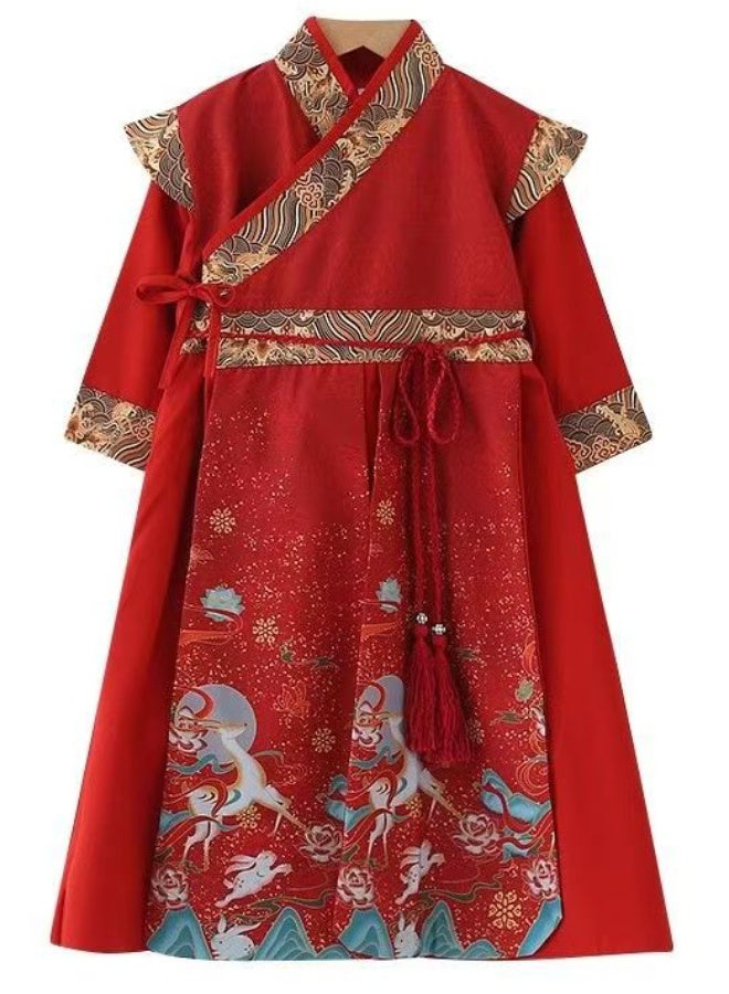 liannaner Girl's Floral Embroidered Long Dress with Fan – Kids' Chinese-style Cheongsam Robe, Spring/Autumn Formal Gown, Traditional Performance Costume for Toddler girl - Image 5