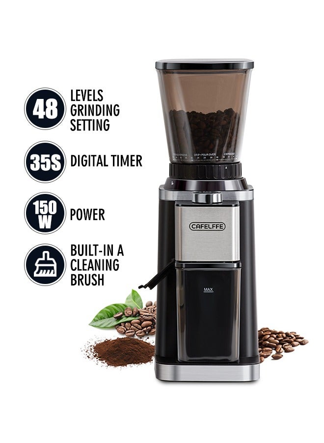Cafelffe Anti-Static Conical Burr Coffee Grinder Machine With Precision Electronic Timer And 48 Thickness Settings Adjustable Coffee Bean Grinder Black 150W - Image 1