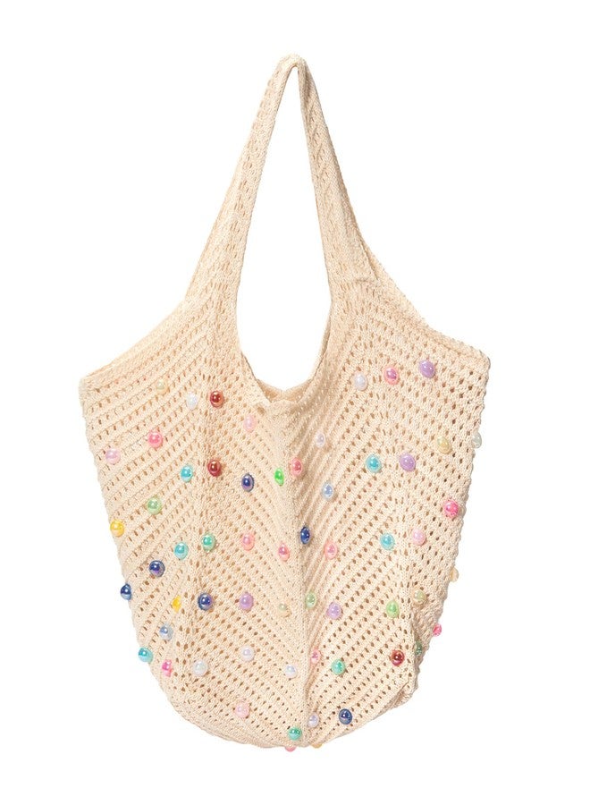 حقيبة شاطئ كروشيه بوهيمية من إيكيموت للنساء، حقيبة كتف صيفية محبوكة مزينة بخرز ملون، حقيبة يد يدوية الصنع مناسبة للسفر والعمل والنادي الرياضي والشاطئ والتسوق (بيج) - Image 1