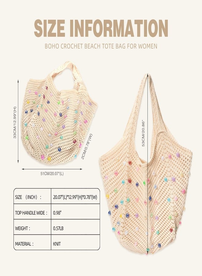 حقيبة شاطئ كروشيه بوهيمية من إيكيموت للنساء، حقيبة كتف صيفية محبوكة مزينة بخرز ملون، حقيبة يد يدوية الصنع مناسبة للسفر والعمل والنادي الرياضي والشاطئ والتسوق (بيج) - Image 2