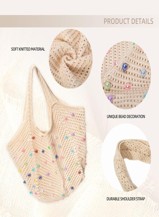 حقيبة شاطئ كروشيه بوهيمية من إيكيموت للنساء، حقيبة كتف صيفية محبوكة مزينة بخرز ملون، حقيبة يد يدوية الصنع مناسبة للسفر والعمل والنادي الرياضي والشاطئ والتسوق (بيج) - Image 3