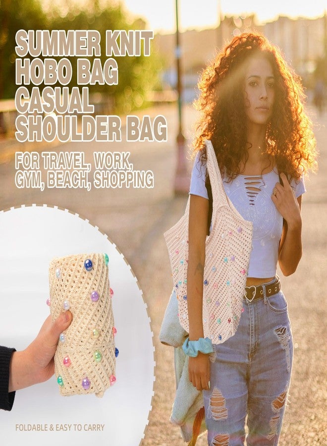 حقيبة شاطئ كروشيه بوهيمية من إيكيموت للنساء، حقيبة كتف صيفية محبوكة مزينة بخرز ملون، حقيبة يد يدوية الصنع مناسبة للسفر والعمل والنادي الرياضي والشاطئ والتسوق (بيج) - Image 4