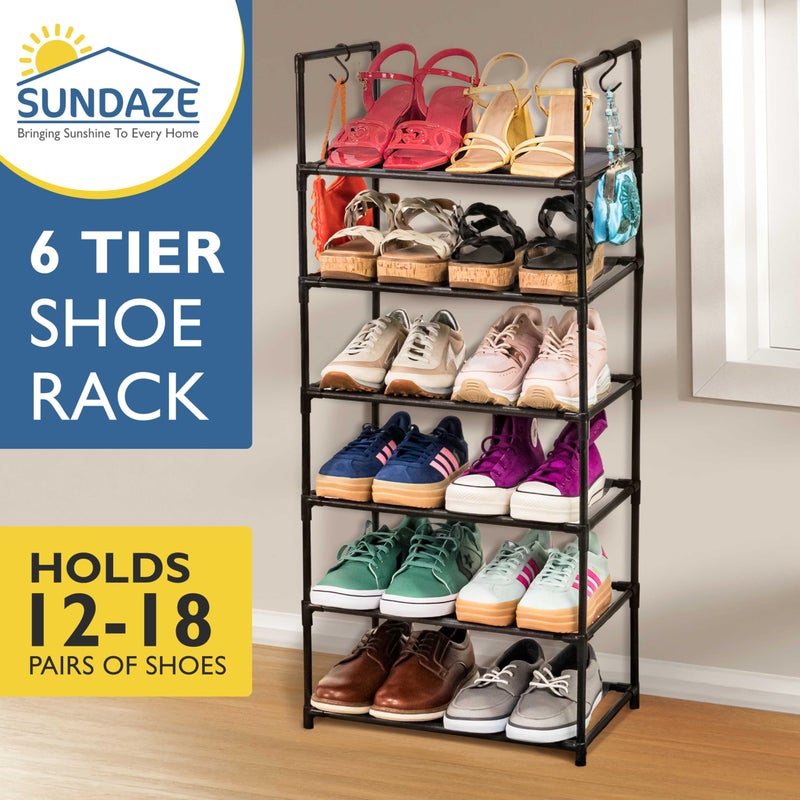 Sundaze Shoe Rack - 6 Tier Tall Shoe Rack for Closet, Sturdy Stackable Shoe Organizer for Closet, Bedroom, Entryway, Garage, Non Woven Fabric Shelf, Black, Holds 12-18 Pairs - Image 2