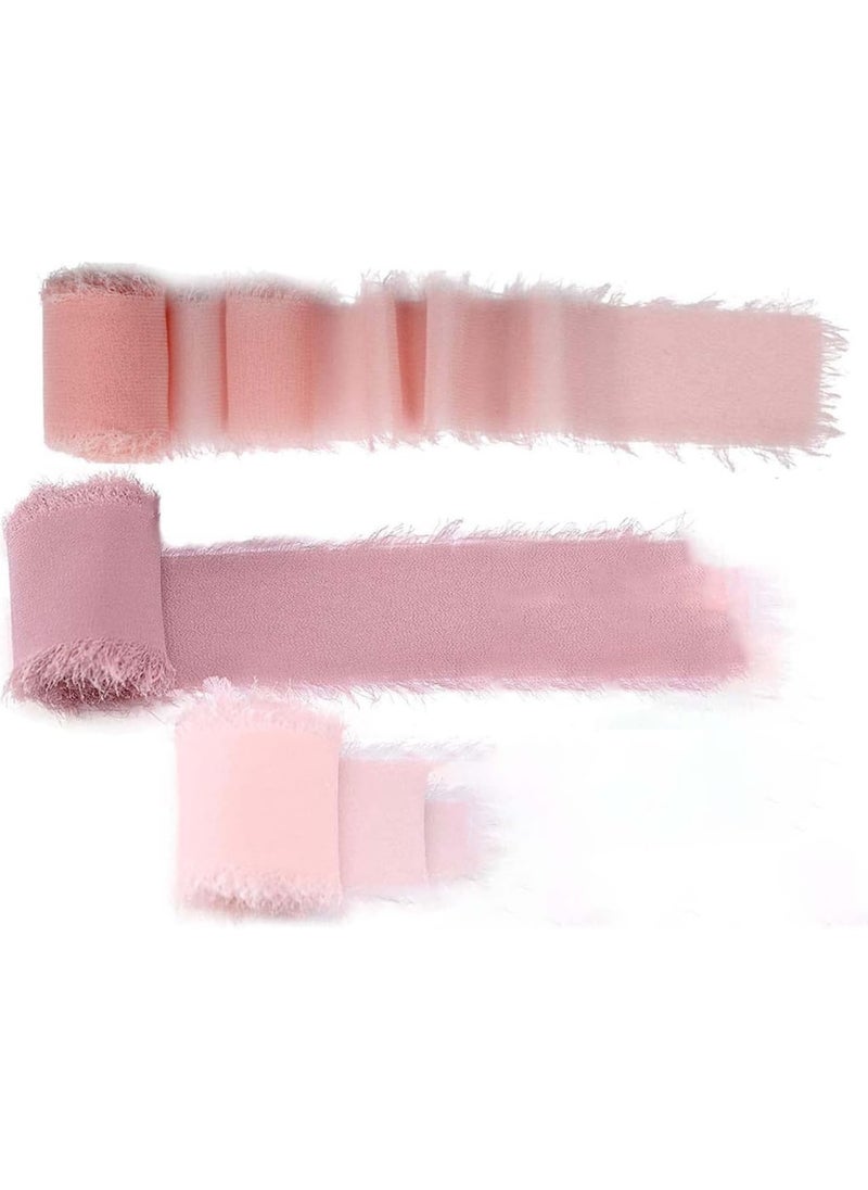 S SYMEFER 196 Inch Handmade Fringe Chiffon Silk Ribbon Cream Nude Pink Frayed Edges Ribbon for Wedding Invitations, Bridal Bouquets, Gifts Wrapping, DIY Crafts (9 Rolls Pink)  - Image 2