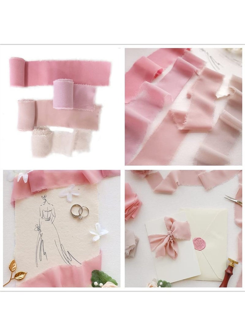 S SYMEFER 196 Inch Handmade Fringe Chiffon Silk Ribbon Cream Nude Pink Frayed Edges Ribbon for Wedding Invitations, Bridal Bouquets, Gifts Wrapping, DIY Crafts (9 Rolls Pink)  - Image 3