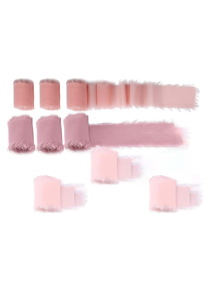 S SYMEFER 196 Inch Handmade Fringe Chiffon Silk Ribbon Cream Nude Pink Frayed Edges Ribbon for Wedding Invitations, Bridal Bouquets, Gifts Wrapping, DIY Crafts (9 Rolls Pink)  - Image 1