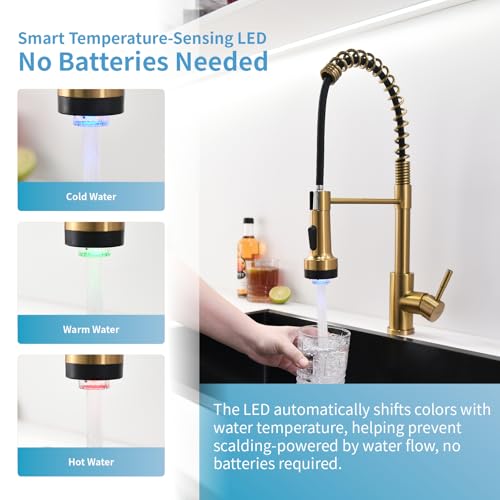 GIMILI Gold Kitchen Faucet with Soap Dispenser Single Hole Pull Down Sprayer LED Faucet, Suitable for Farmhouses, RV, Laundry Room, Outdoor, and Campers. Llave para fregadero de cocina - Image 3