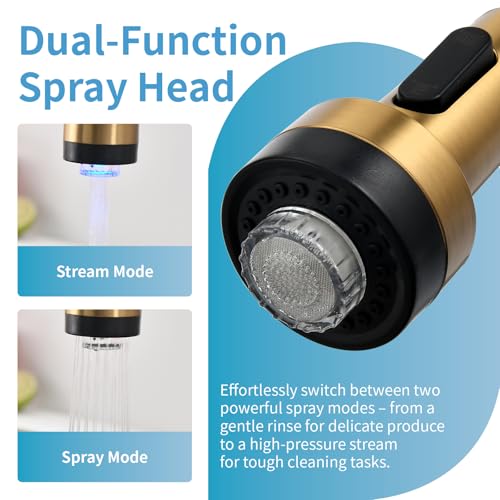 GIMILI Gold Kitchen Faucet with Soap Dispenser Single Hole Pull Down Sprayer LED Faucet, Suitable for Farmhouses, RV, Laundry Room, Outdoor, and Campers. Llave para fregadero de cocina - Image 4