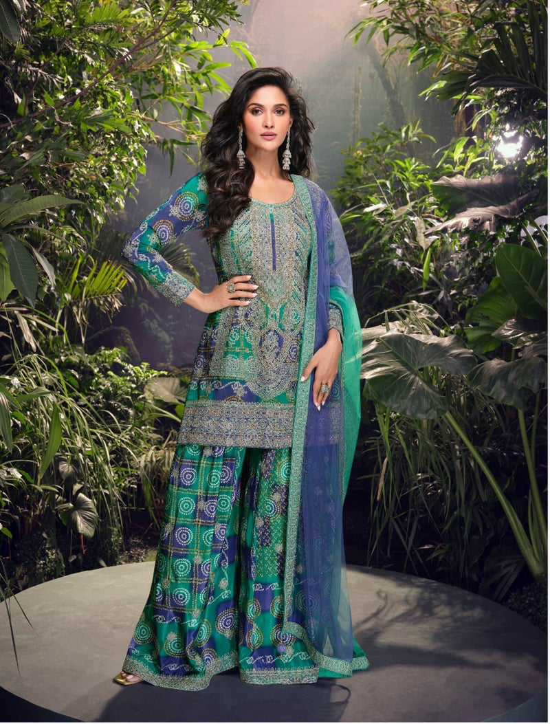 ANAITA Blue Chinon Free Size Stitched Suit With Embroidery & Sequence Work - Image 1