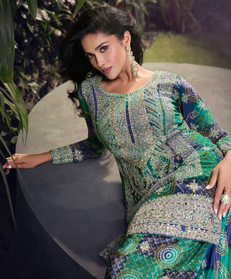 ANAITA Blue Chinon Free Size Stitched Suit With Embroidery & Sequence Work - Image 2