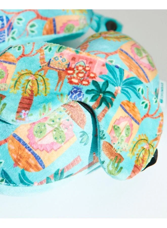 Chumbak Jaipurscape Travel Pillow with Plush Eye Mask | Stylish and Trendy Printed Neck Pillow for Travel/Home/Office | Travel Essentials | Cushion Neck Pillow | Flight Accessories | Trip Essential