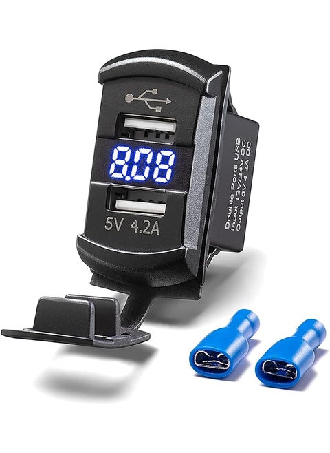 Car Charger 4.2A Dual Usb Port Socket Rocker Style Adapter Socket And Waterproof Fast Charge Mount With Blue Led Digital Voltmeter For Rocker Marine Switch Panel On Boat RV Vehicle Ect