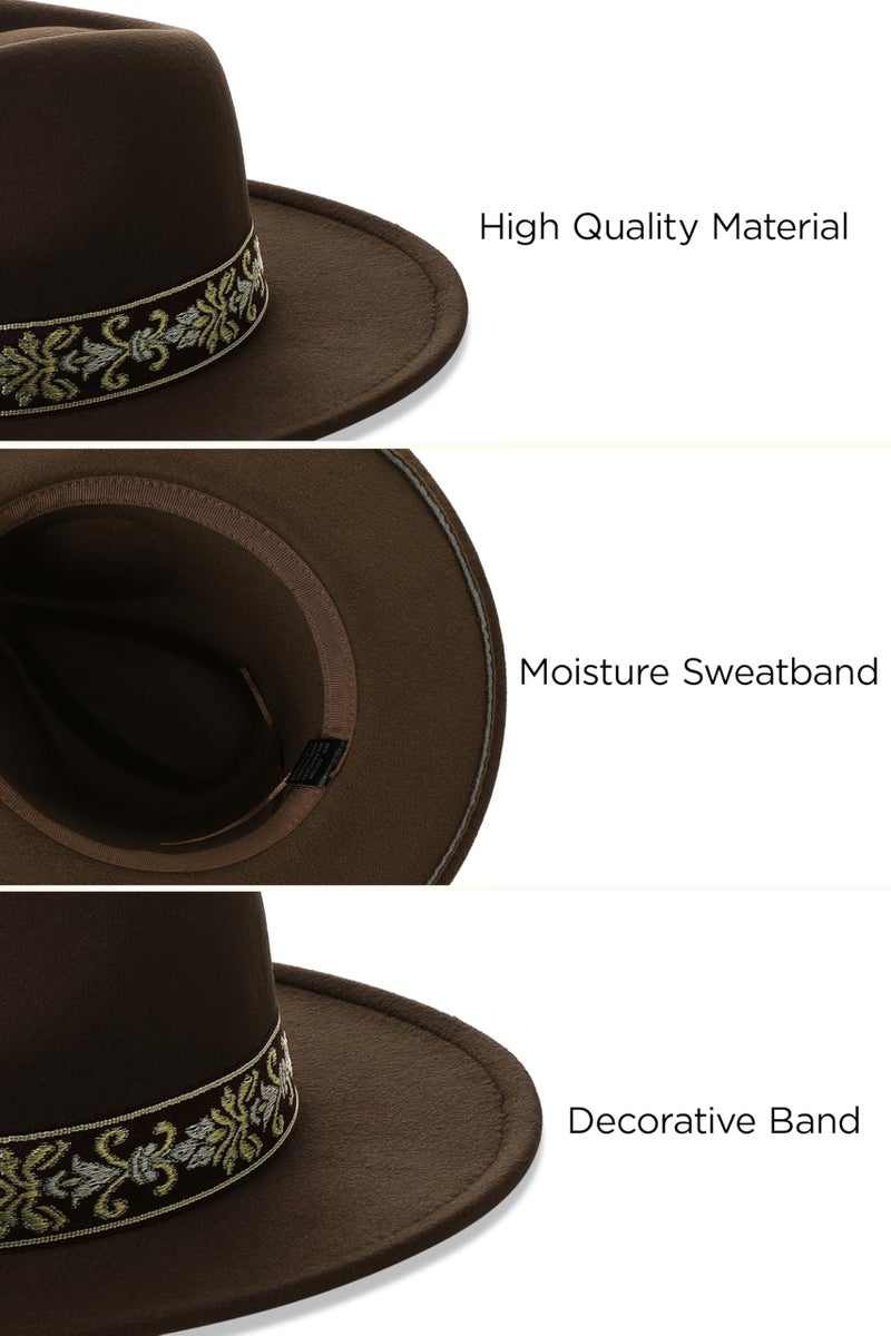 Vane Oak Wide Brim Boho Western Hat for Men and Women- Felt Fedora Hat with 4 inches Flat Brim with Beltï¼Œ Western Cowboy Style Panama with Band Coffee - Image 4