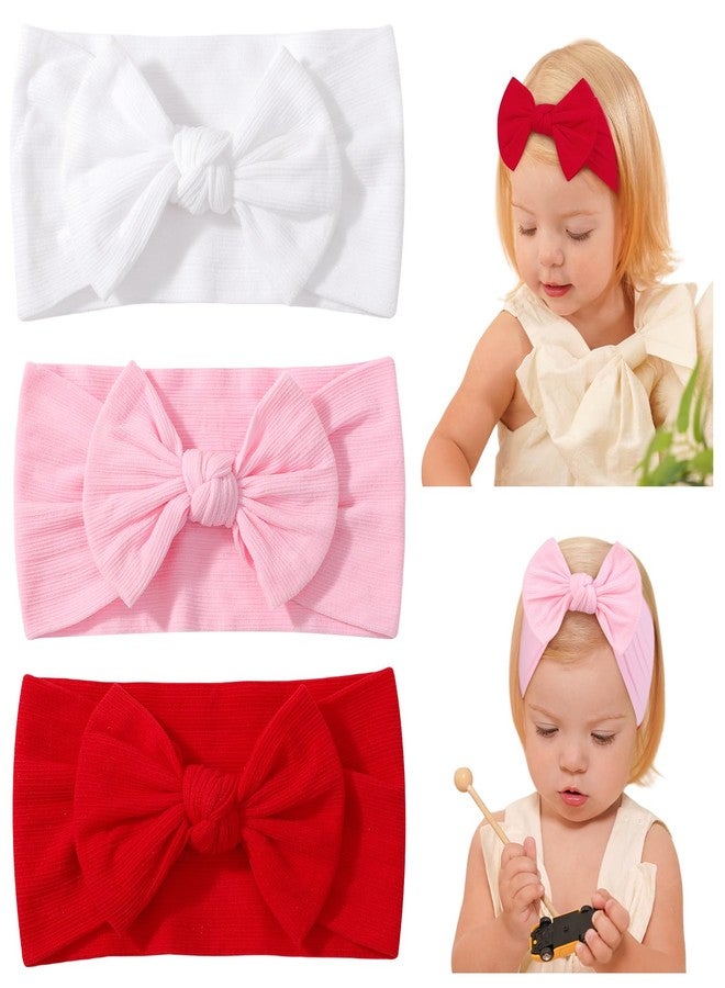 jollybows 3PCS Baby Bows Headbands Soft Nylon Baby Girl Headbands for Newborn Infant Toddler Kids Cute Bow Wide Hairbands Hair Accessories(White+Red+Light Pink) - Image 1