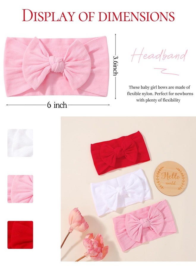 jollybows 3PCS Baby Bows Headbands Soft Nylon Baby Girl Headbands for Newborn Infant Toddler Kids Cute Bow Wide Hairbands Hair Accessories(White+Red+Light Pink) - Image 2