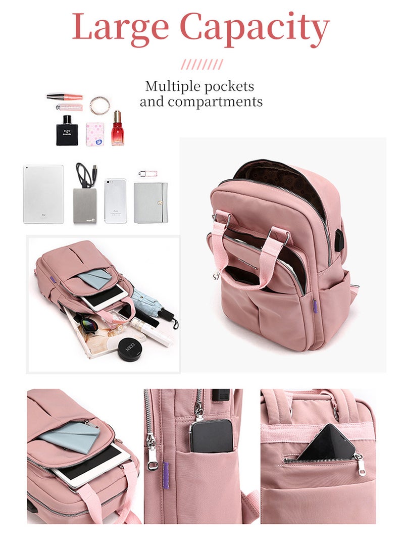 Moovant Women's Backpack, Large Capacity Laptop Backpack, Travel Backpack, Computer Bag, with USB Charging Port, PullRod Fixing Belt, Multi-pocket, Lightweight, Leisure, Nylon Material, Pink  - Image 3