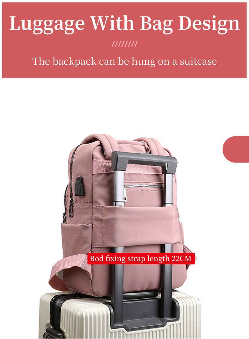 Moovant Women's Backpack, Large Capacity Laptop Backpack, Travel Backpack, Computer Bag, with USB Charging Port, PullRod Fixing Belt, Multi-pocket, Lightweight, Leisure, Nylon Material, Pink  - Image 4