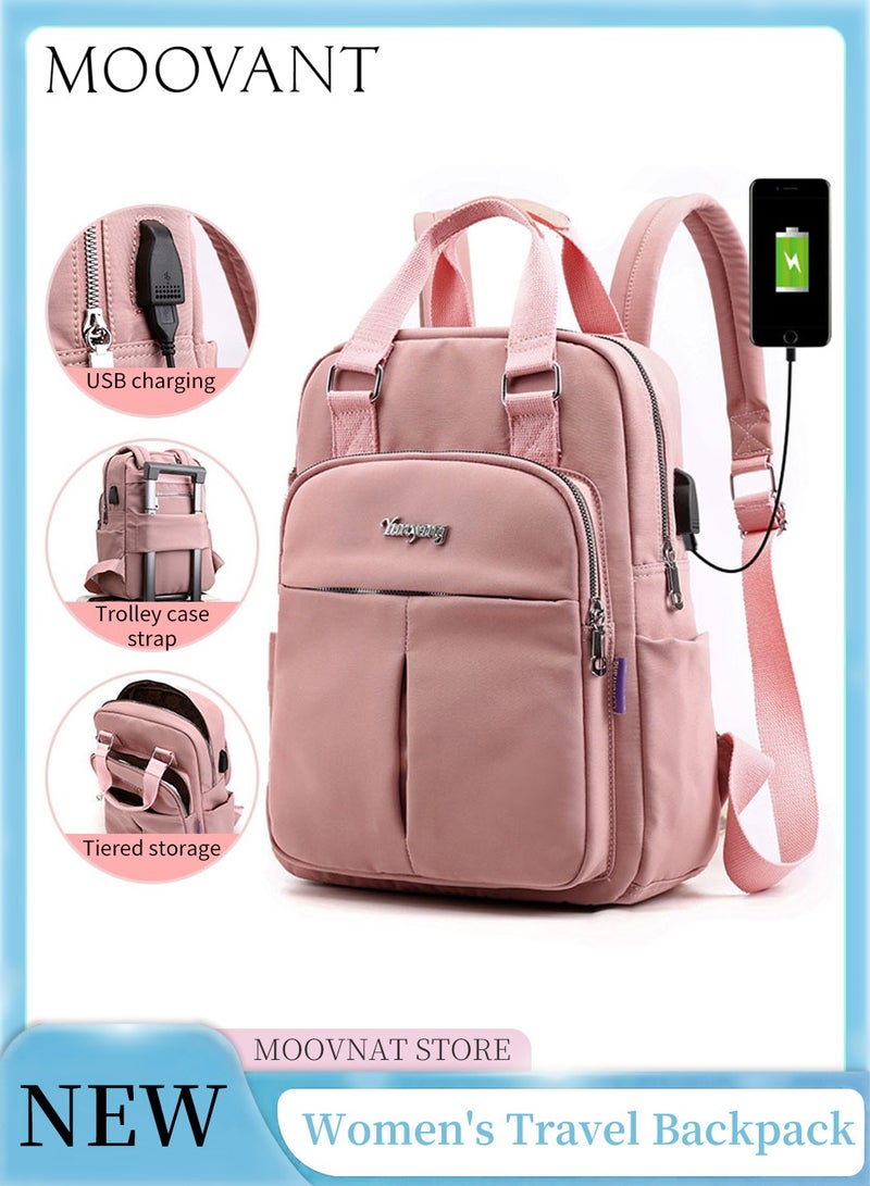 Moovant Women's Backpack, Large Capacity Laptop Backpack, Travel Backpack, Computer Bag, with USB Charging Port, PullRod Fixing Belt, Multi-pocket, Lightweight, Leisure, Nylon Material, Pink  - Image 1