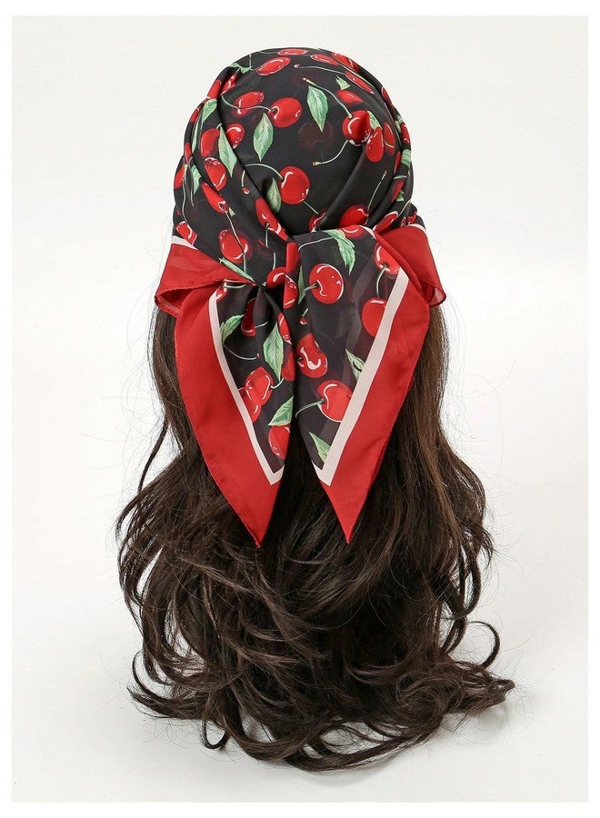 WDIRARA Women's Cherry Graphic Print Scarf Large Square Hair Bandana Sleeping Head Wraps Black Red One-Size - Image 2