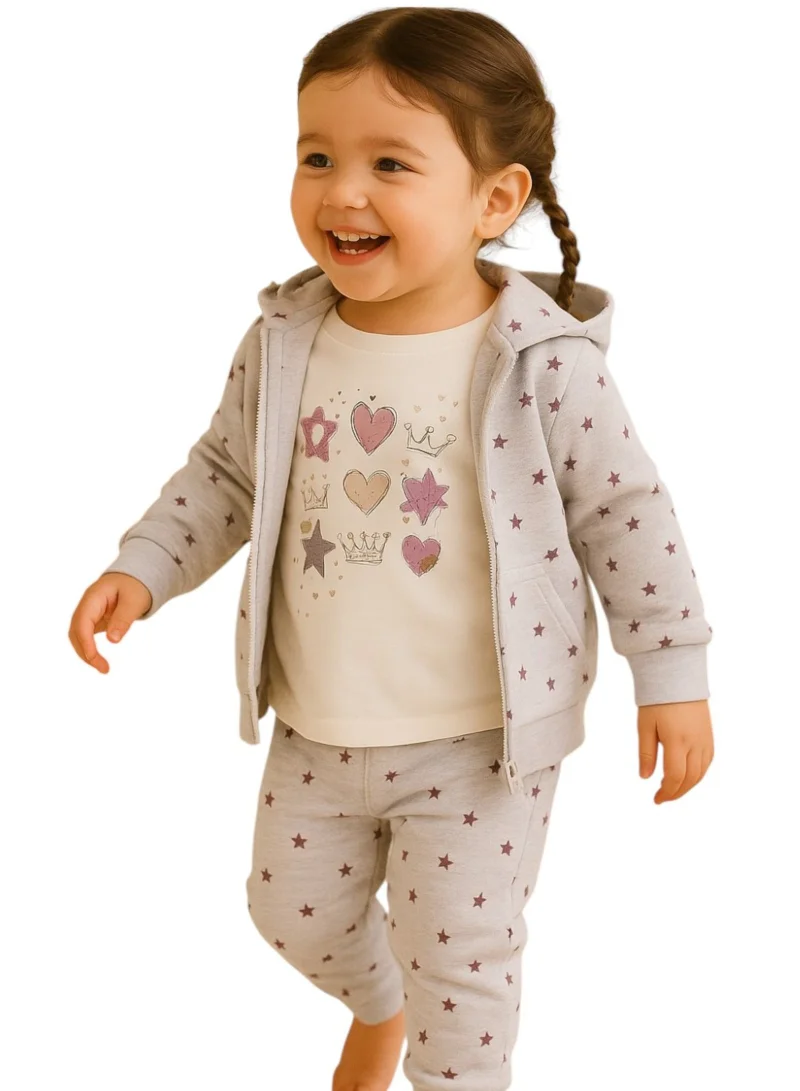 victor and jane Baby Girl Heart &amp; Star Cotton Fleece 3-Piece Set – Light Grey &amp; Pink