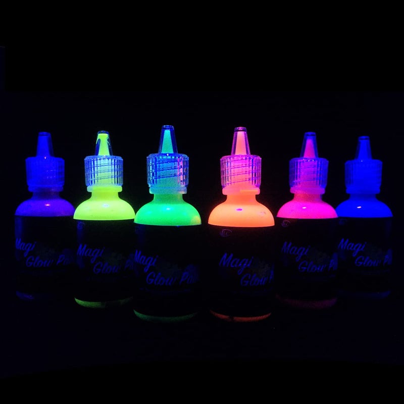 6 Bottles 1 oz Each Body Paint Glow Blacklight Reactive Neon Fluorescent Paint Safe For Skin Washable NonToxic Six Colors Kit